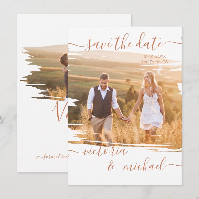 Invitación Boda de pincel rústico Foto Guardar fecha (Anverso / Reverso)