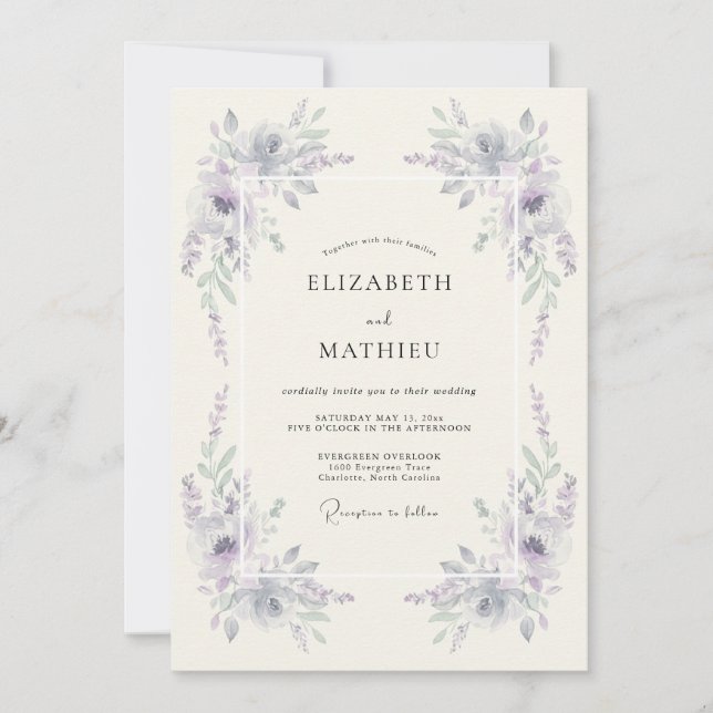 Invitación Boda de pincelada de flor de lila (Anverso)