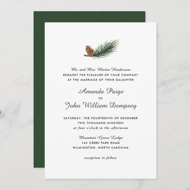 Invitación Boda de pinecona de invierno de rama de páino acua (Anverso / Reverso)