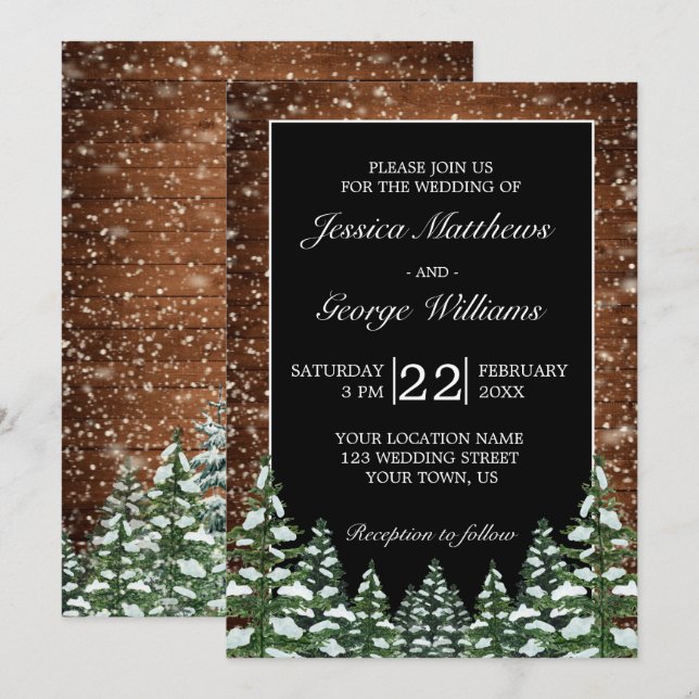 Invitación Boda de pino de campo de madera de nieve negra y s (Anverso / Reverso)