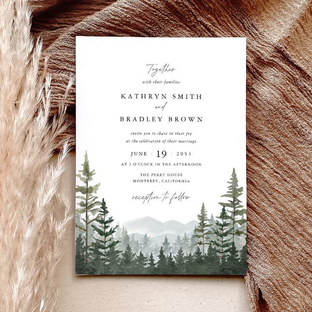 Invitación Boda de Pino en el Bosque de Montaña (Mountain forest wedding invitation, sage green pine tree wedding stationery, layered woodland invite)