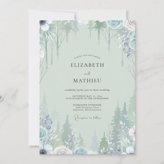 Invitación Boda de pino eucalipto nieve espuma de mar (Anverso)