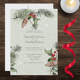 Invitación Boda de Pino Verde Salvia y Acebo en Nieve 
