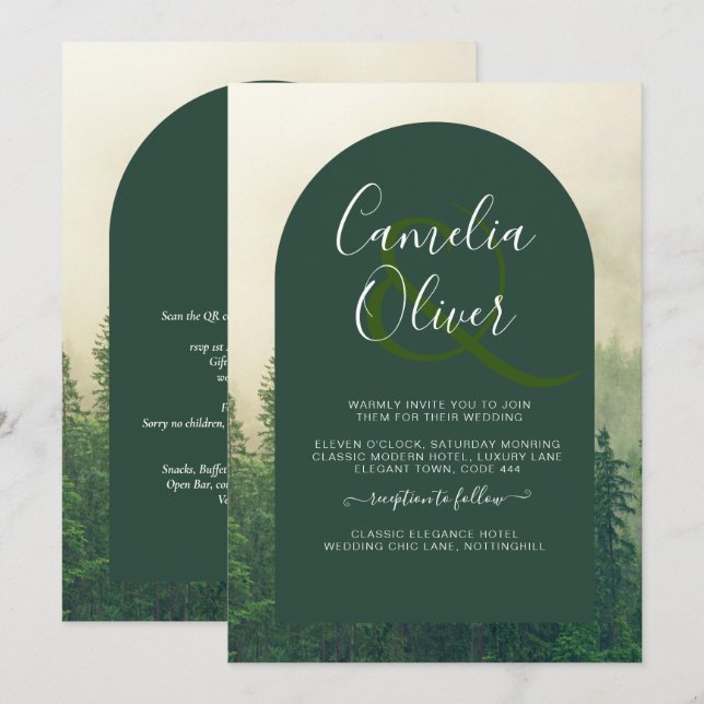 Invitación Boda de Pinos Árboles Ecológicos Misty Green Fores (Anverso / Reverso)