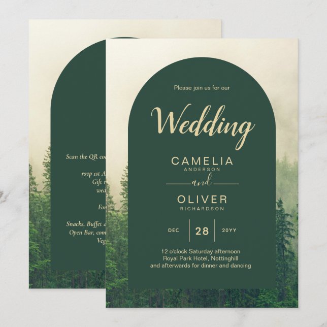 Invitación Boda de Pinos Árboles Ecológicos Misty Green Fores (Anverso / Reverso)