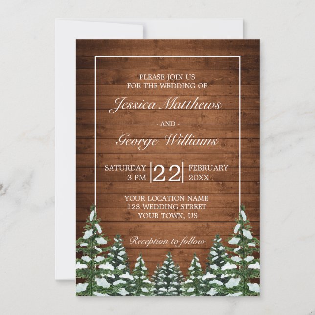 Invitación Boda de pinos de campo de madera y bosques de niev (Anverso)