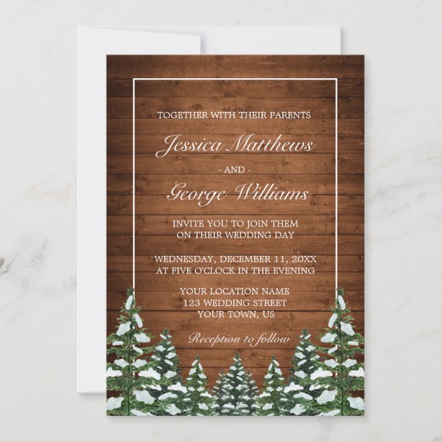 Invitación Boda de pinos de campo de madera y bosques de niev (Anverso)