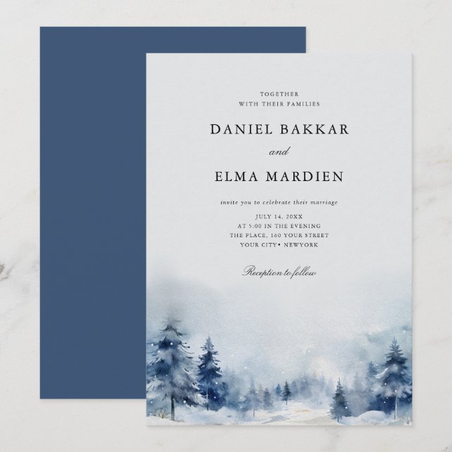 Invitación Boda de pinos de invierno de color azul (Anverso / Reverso)