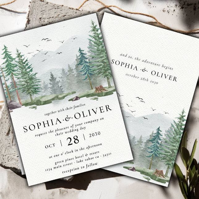 Invitación Boda de pinos verdes de montaña de acuarela rusa (Subido por el creador)