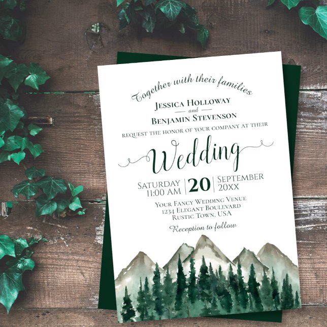 Invitación Boda de Pinos y Montañas de Acuarela Rústica (In Situ Front/Back)