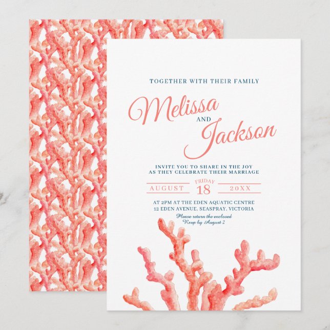 Invitación Boda de pintura de acuarela coralina (Anverso / Reverso)