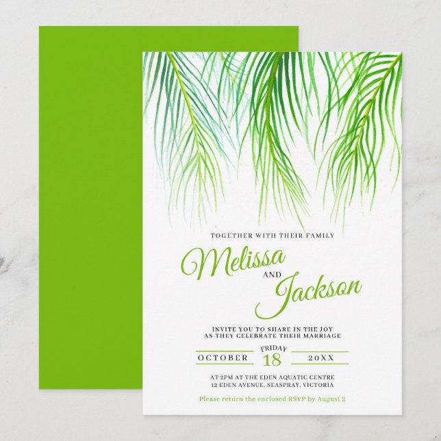 Invitación Boda de pintura de acuarela de frondas de palmas t (Anverso / Reverso)