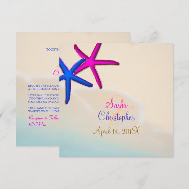 Invitación Boda de PixDezines Neon Starfish/Beach (Anverso / Reverso)
