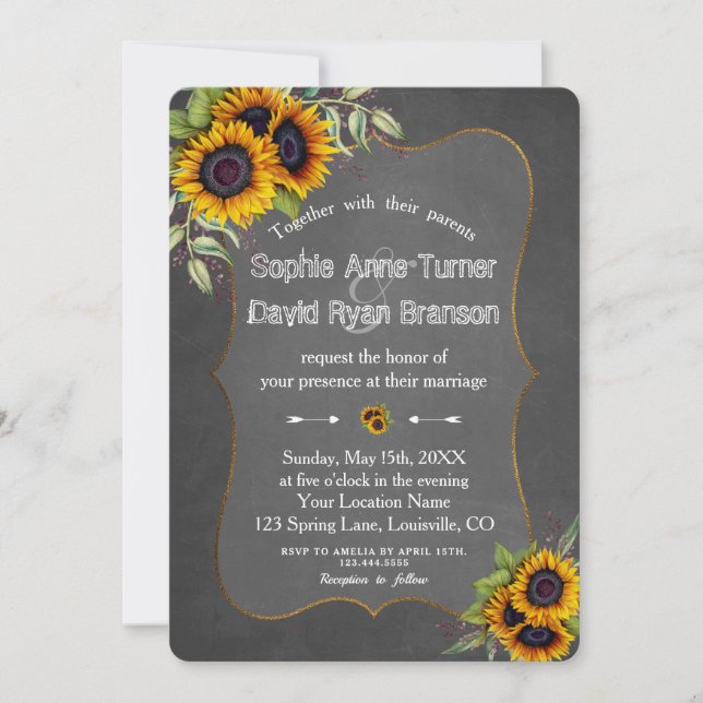 Invitación Boda de pizarra de color acuático ruso Sunflowers (Anverso)