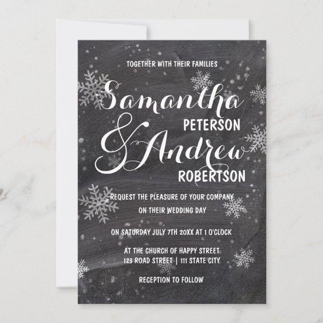 Invitación Boda de pizarra de copas de nieve de invierno mode (Anverso)