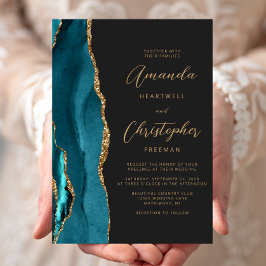 Invitación Boda de Pizarra de Escritura Dorada Ágata Azul Tea
