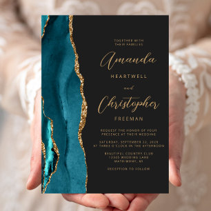 Invitación Boda de pizarra de guiones de oro de Blue Agate ve