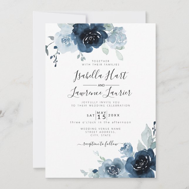 Invitación Boda de pizarra de la Marina Floral Dusty Blue Pas (Anverso)