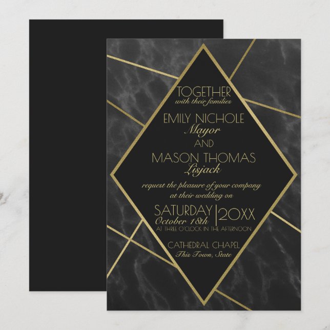 Invitación Boda de pizarra geométrica de mármol y oro Art Dec (Anverso / Reverso)