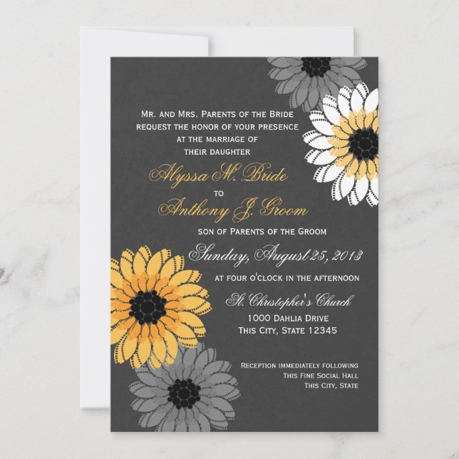 Invitación Boda de pizarra y flores grises y amarillas (Anverso)
