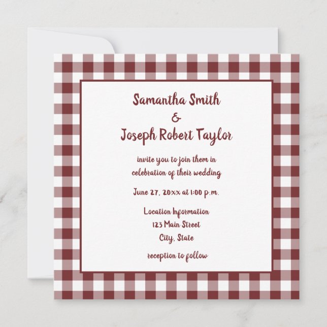 Invitación Boda de Plaid de Gingham y de Borgoña y Blanco (Anverso)