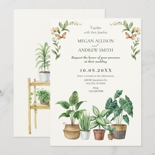 Invitación Boda de plantas de jardinería color agua verde (Anverso / Reverso)