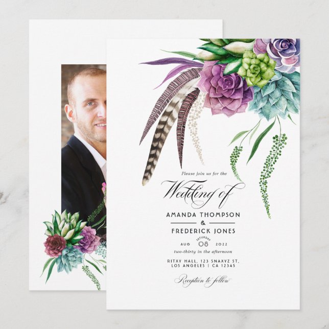 Invitación Boda de plantas suculentas boho místicas Foto (Anverso / Reverso)