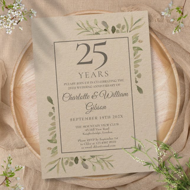 Invitación Boda de Plata 25º Aniversario de Boda Greenery Rús (Rustic Greenery 25th Silver Wedding Anniversary Invitation)