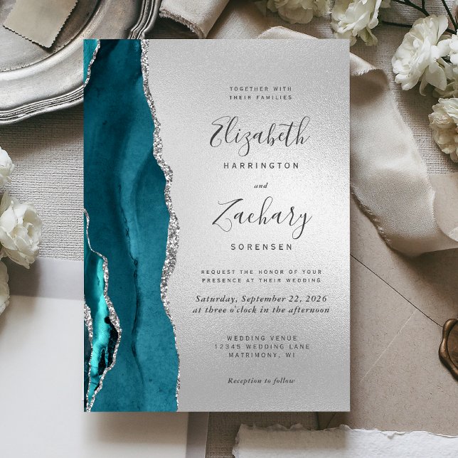Invitación Boda de plata Agate Verde azulado moderno (Subido por el creador)