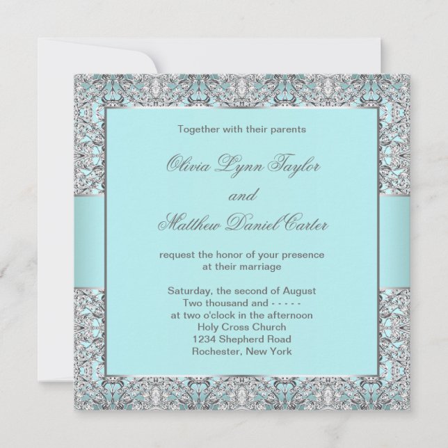 Invitación Boda de plata azul verde azulado (Anverso)