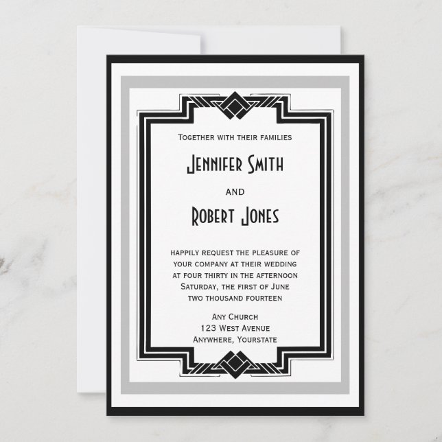 Invitación Boda de plata blanca negra del marco del art déco (Anverso)