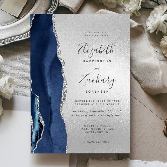 Invitación Boda de plata de la Marina Azul Agate azul moderna (Subido por el creador)