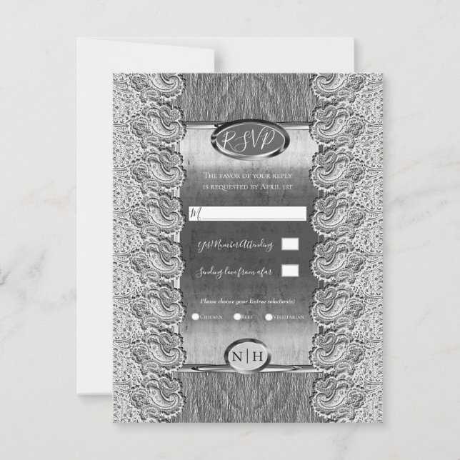 Invitación Boda de plata de madera gris de encaje blanco anti (Anverso)