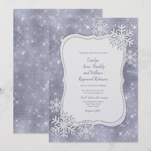 Invitación Boda de plata del invierno de los copos de nieve (Anverso / Reverso)
