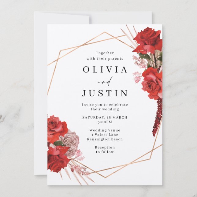 Invitación Boda de plata geométrica metálica de rosas rojas (Anverso)