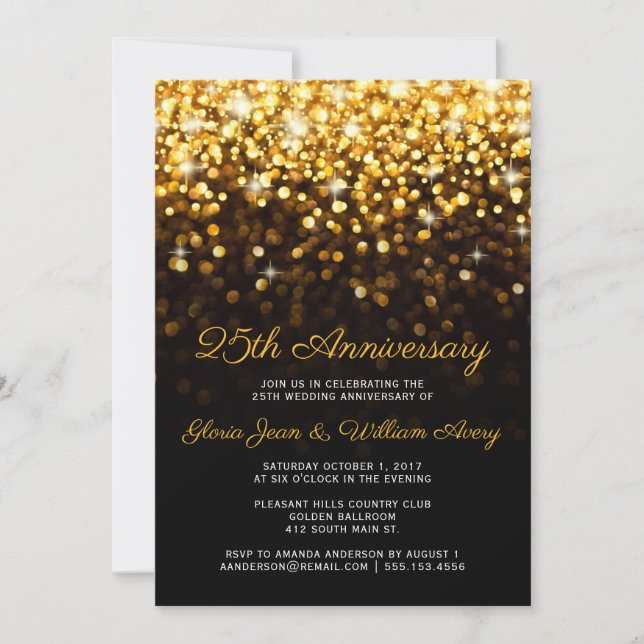 Invitación Boda de plata glamour Hollywood negro dorado (Anverso)