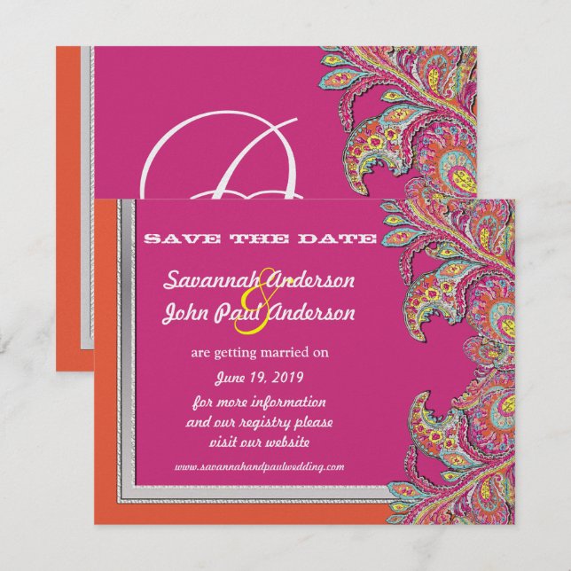 Invitación Boda de plata mandarina y fucsia Save the Date (Anverso / Reverso)
