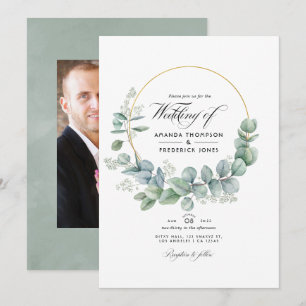 Invitación Boda de plata salvia geométrica Foto de eucalipto