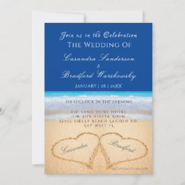 Invitación Boda De Playa 2 Corazones Boda De Arena Azul Oscur