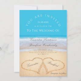 Invitación Boda de playa 2 corazones en el Boda de arena Invi
