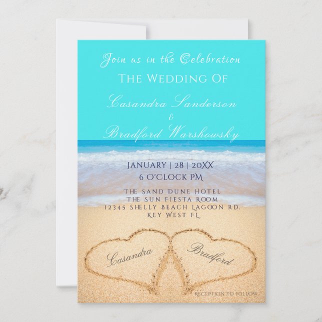 Invitación Boda de playa 2 corazones y azul Verde azulado (Anverso)