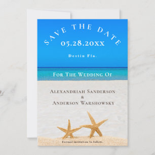 Invitación Boda de playa 2 Starfish en arena Salva la fecha