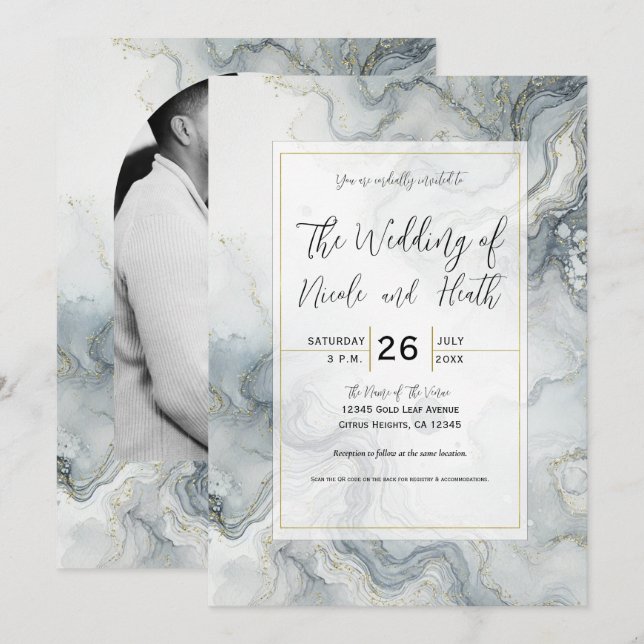 Invitación Boda de Playa Acuarela Azul Gris y Dorado (Anverso / Reverso)