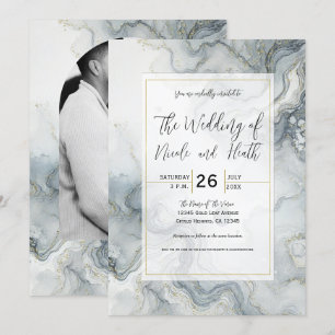 Invitación Boda de Playa Acuarela Azul Gris y Dorado