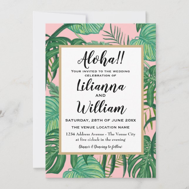 Invitación Boda de playa Aloha Pink Hawaiian Tropical Leaves  (Anverso)