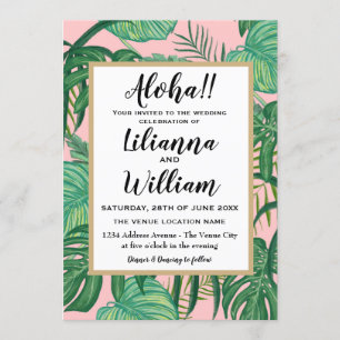 Invitación Boda de playa Aloha Pink Hawaiian Tropical Leaves 