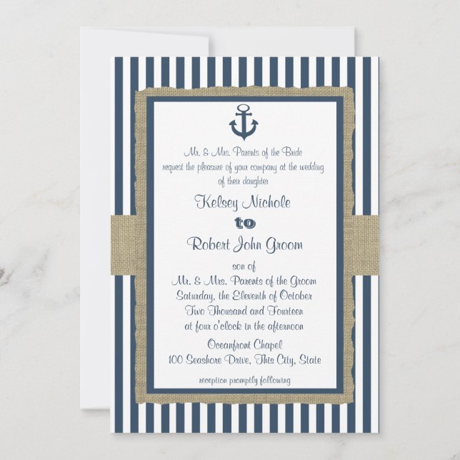 Invitación Boda de playa Anchor Navy Blue Stripes (Reverso)