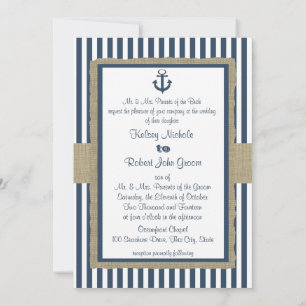 Invitación Boda de playa Anchor Navy Blue Stripes