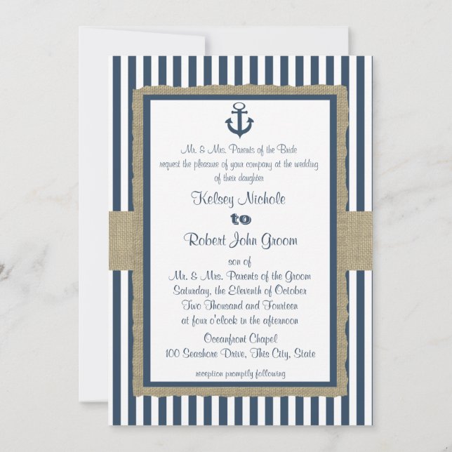 Invitación Boda de playa Anchor Navy Blue Stripes (Reverso)