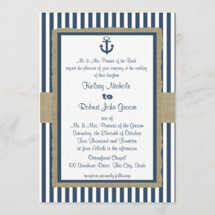 Invitación Boda de playa Anchor Navy Blue Stripes